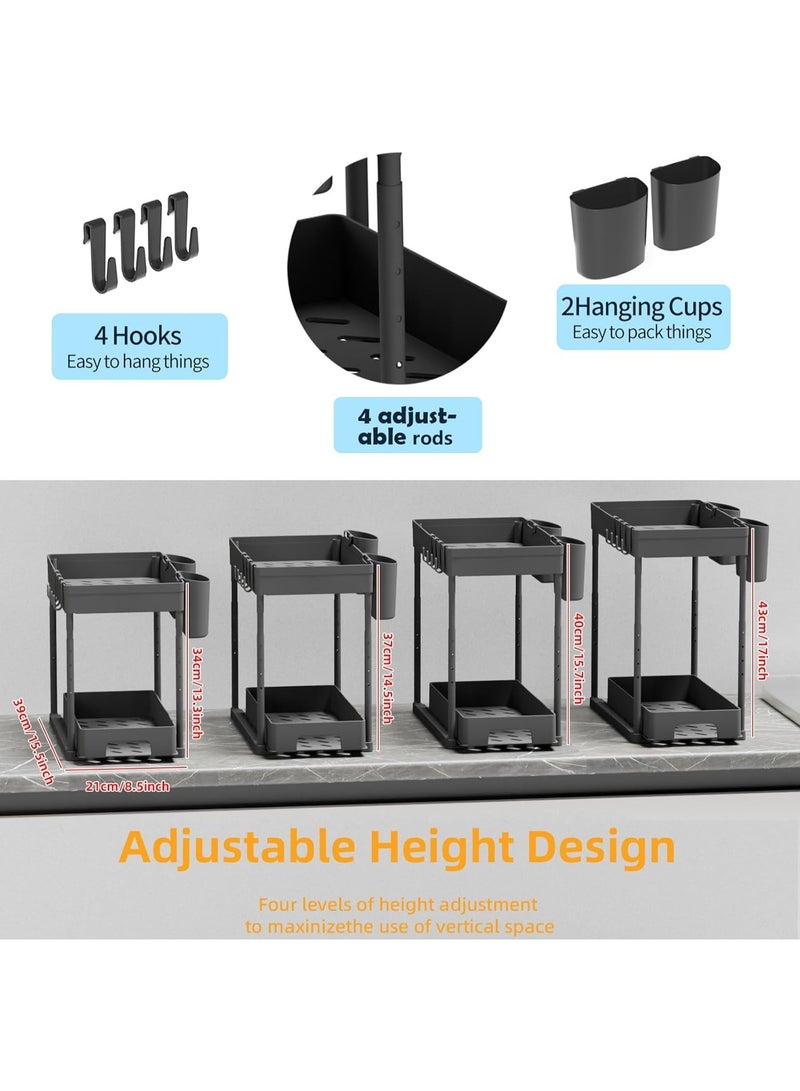 سيوسي Adjustable Under Sink Organizer, Pull-Out Storage Baskets with Telescoping Rod, Expandable Shelf Organizer for Kitchen & Bathroom Cabinets, Cleaning Supplies, Useful for Small Item (Black, 2-Tier) - Image 3
